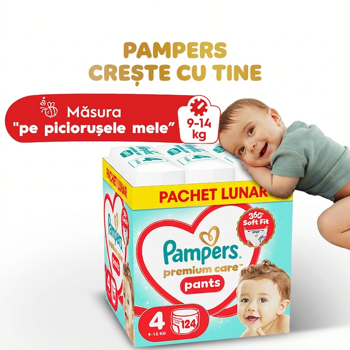 Пелени-гащички Pampers Premium Care Pants XXL Box, Размер 4, 9 кг-15 кг, 124 броя
