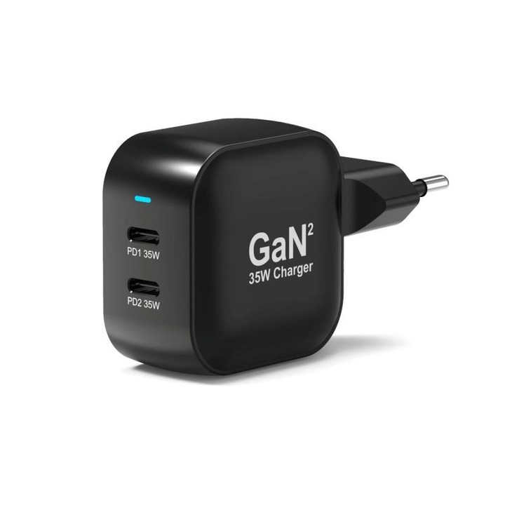 Incarcator de perete Port Designs GaN2 PD 35W cu cablu USB-C de 2m, 2xUSB-C, 35W, negru