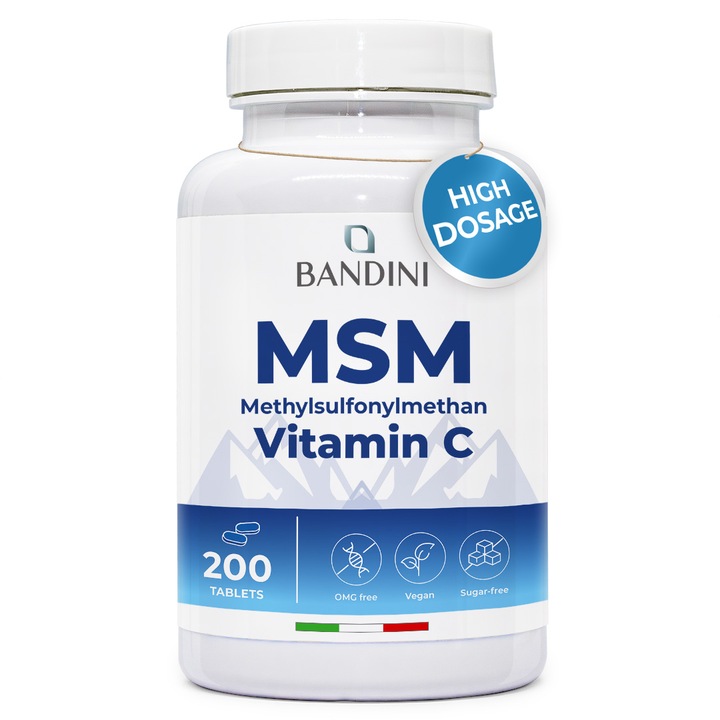Supliment alimentar, Bandini, MSM 2000 mg si vitamina C, 200 comprimate vegane, pentru articulatii si piele