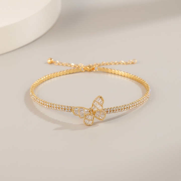Bratara Eleganta Omelivon cu Fluture Aurii si Cristale Stralucitoare, Bijuterie Fina pentru Femei, Cadou Perfect