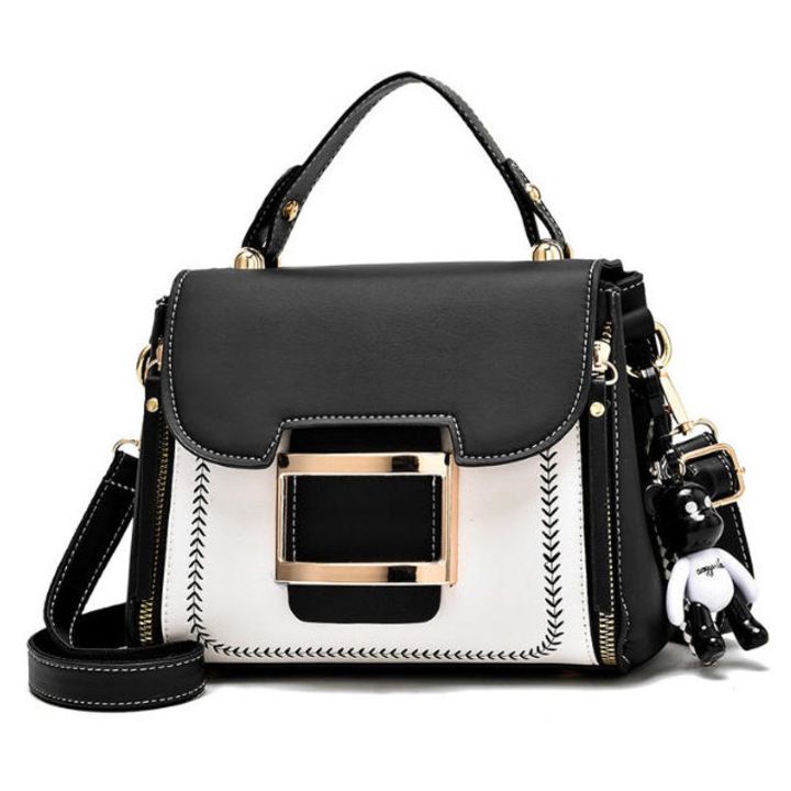 Geanta dama, Cu pandantiv, Bareta umar, Mana/Crossbody, Negru/Alb