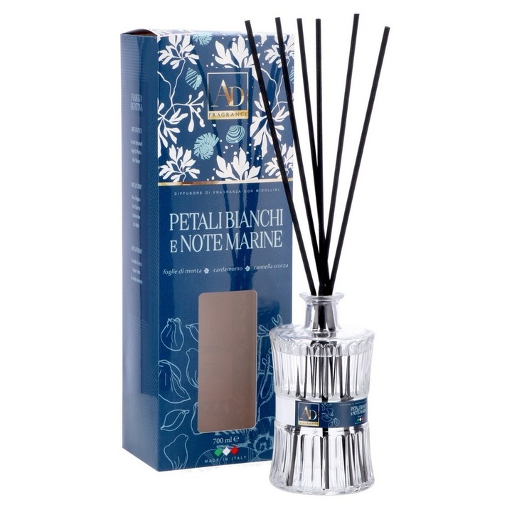 Parfum camera difuzor cu betisoare, AD, petale albe, aer marin, 700 ml, transparent/negru