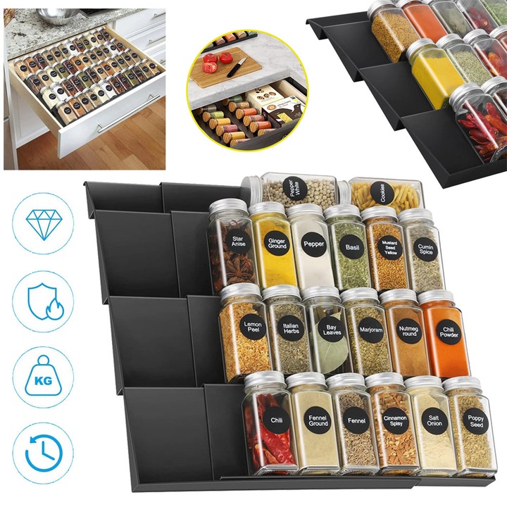 Suport Condimente Si Rafturi Condimente, Organizator Sertar Condimente Din Plastic Pentru Bucatarie, 3 Niveluri, Depozitare Inclinata, Tava Reglabila Pentru Depozitare Borcane Condimente Pentru Dulap