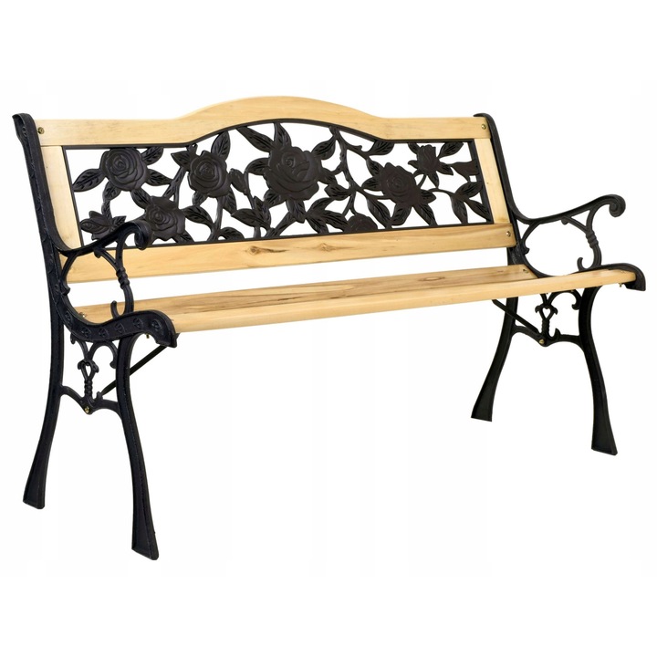 Banca de gradina din lemn si fonta ROZA, 120x61x79cm, design clasic, montaj simplu