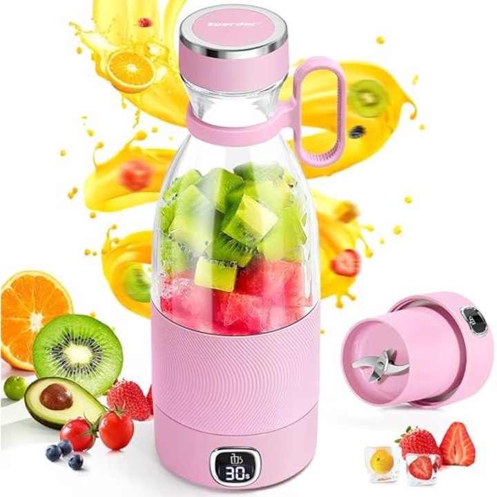 Blender portabil Spardar, preparator de smoothie de 350 ml cu afisaj LED inteligent, mixer reincarcabil USB pentru fitness, calatorii si birou