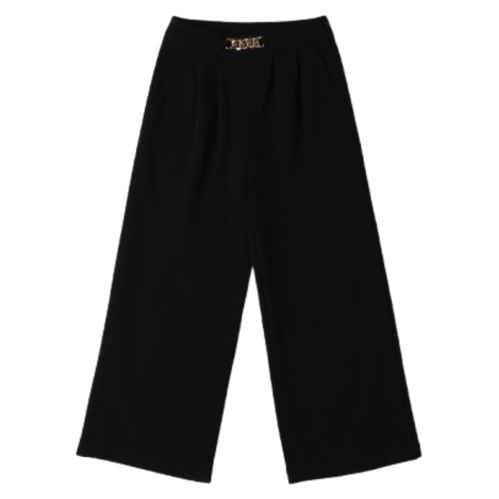 Pantaloni fete iDO eleganti din tricot crep cu detaliu lant, Negru