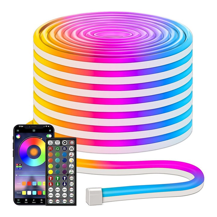 Banda LED Neon RGB 5m VIELLAN, Flexibila, Sincronizare Muzica, Aplicatie Telefon, rezistent la apa, Cu telecomanda, Lumina Colorata