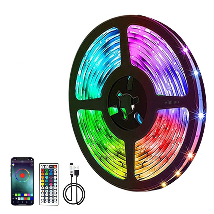 VIELLAN 15m RGB LED szalag, 5050, 15 LED/m, Bluetooth + távirányító, telefonos alkalmazás, öntapadós, otthoni, parti, ünnepi dekorációhoz