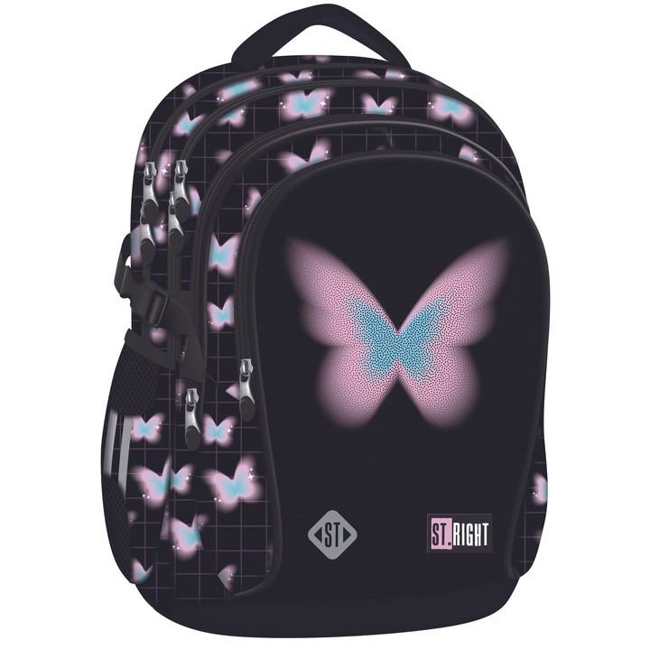 Ghiozdan Scolar St.Right BP01 Pastel Butterfly, 4 Compartimente, Ergonomic 43x32x21cm
