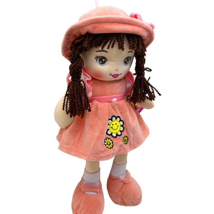 Papusa din plus fetita rochie roz-somon jucarie moale pentru copii