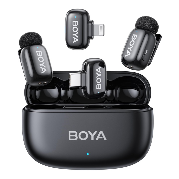 Microfon Lavalier Wireless BOYA Mini 2-cu Anulare a Zgomotului prin Inteligenta Artificiala, Control prin Aplicatie, Carcasa de Incarcare a Bateriei 30H - pentru iPhone, Video, Podcasturi