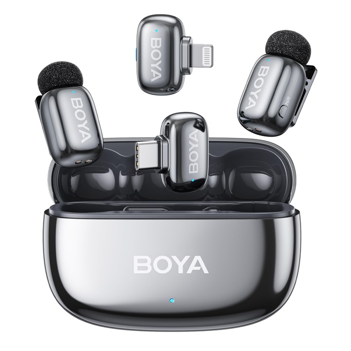 Microfon wireless BOYA mini 2-01 pentru iPhone si Android, anulare a zgomotului prin inteligenta artificiala, control prin aplicatie, pista de siguranta, durata de viata a bateriei de 30 de ore cu carcasa de incarcare, microfon rever wireles (Argintiu)