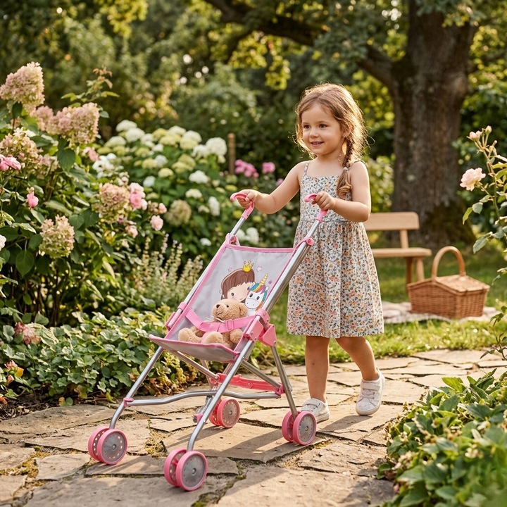 Carucior de Papusi pentru Copii MagicStroller Indiggo@, Pliabil, Tip Umbrela, Model Unicorn & Printesa, 4 Roti Duble, Cadru Metalic, 3 Ani+, Silver Pink