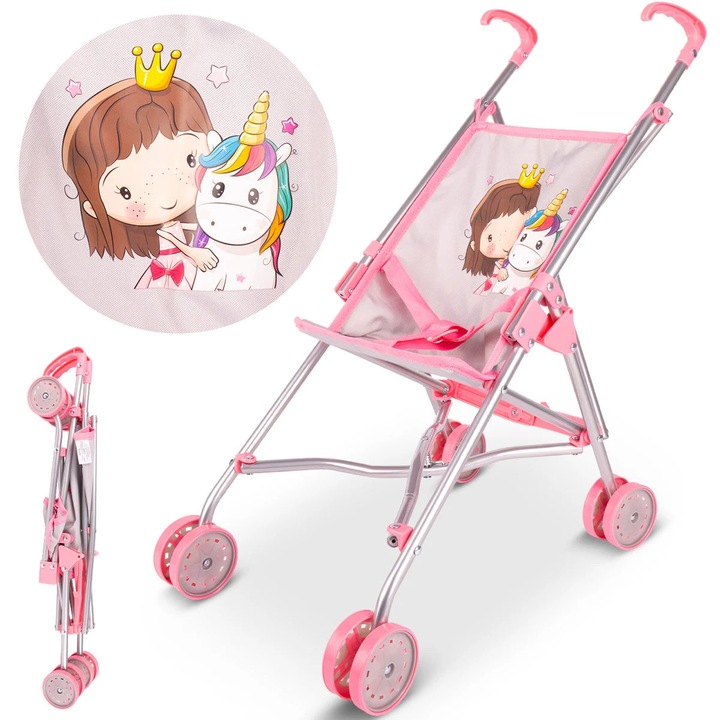 Carucior de Papusi pentru Copii MagicStroller Indiggo@, Pliabil, Tip Umbrela, Model Unicorn & Printesa, 4 Roti Duble, Cadru Metalic, 3 Ani+, Silver Pink