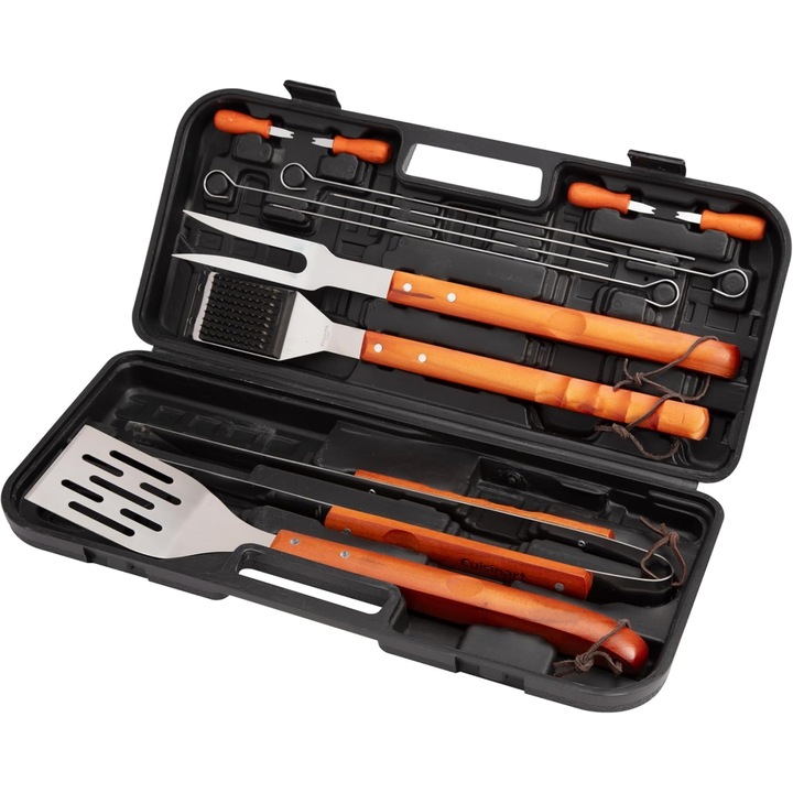 Set ustensile gratar Leccik® 13 piese, accesorii BBQ din otel inoxidabil cu maner din lemn, spatula, cleste, perie curatare, geanta depozitare, cadou ideal barbati