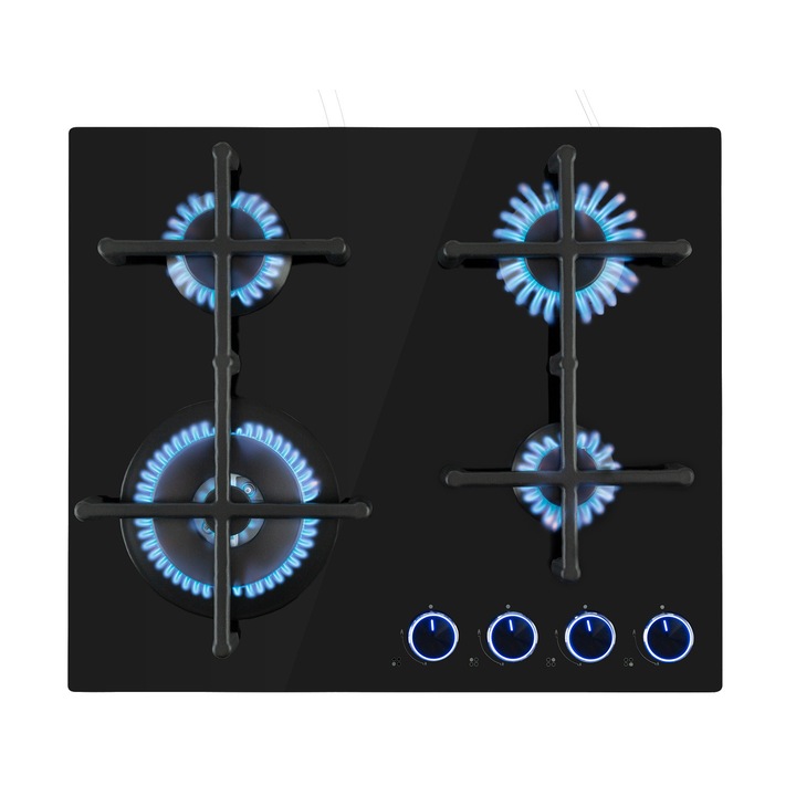 Plită pe gaz Klarstein Illuminosa 4, 4 arzătoare Sabaf, sticlă ceramică, neagră, 59x51x13cm