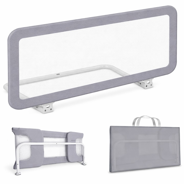 Bariera protectie pat copii YIKANWEN, reglabila pe inaltime, pliabila, portabila, 175 x 42 cm, Metal + mesh, culoare Gri