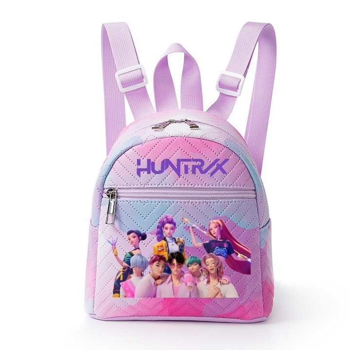 Rucsac Demon Hunter, roz-violet, poliester, cu model in carouri, potrivit pentru iesiri/scoala, 18x10x19 cm, stil minimalist, culori pastelate, Y024-8