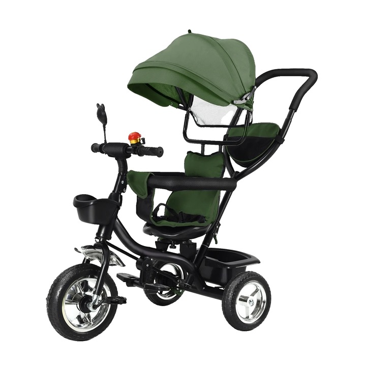 Tricicleta, canopy ajustabil, manere de control parental, verde armata, dimensiuni standard