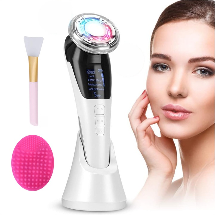 Aparat pentru tratament facial 5 in 1 Ideas4Comfort™ cu vibratii EMS, functie hot & cool, lifting, anti rid, cearcane, anti-aging, hidratare ten, curatarea porilor, dispozitiv profesional ingrijire ten, USB, portabil, alb