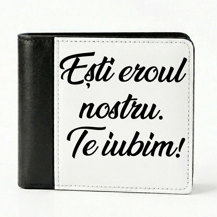 Portofel Barbati Personalizat cu Poza sau Mesaj, Piele Ecologica, 6 Compartimente Carduri, Negru/Alb