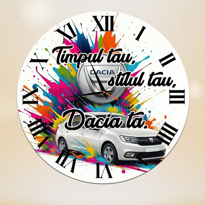 Ceas Personalizat de Perete Decorativ Dacia Logan alba, Design Multicolor "Splash", Diametru 35 cm, Mecanism Silentios, Grosime 6 mm, Cutie Cadou Inclusa