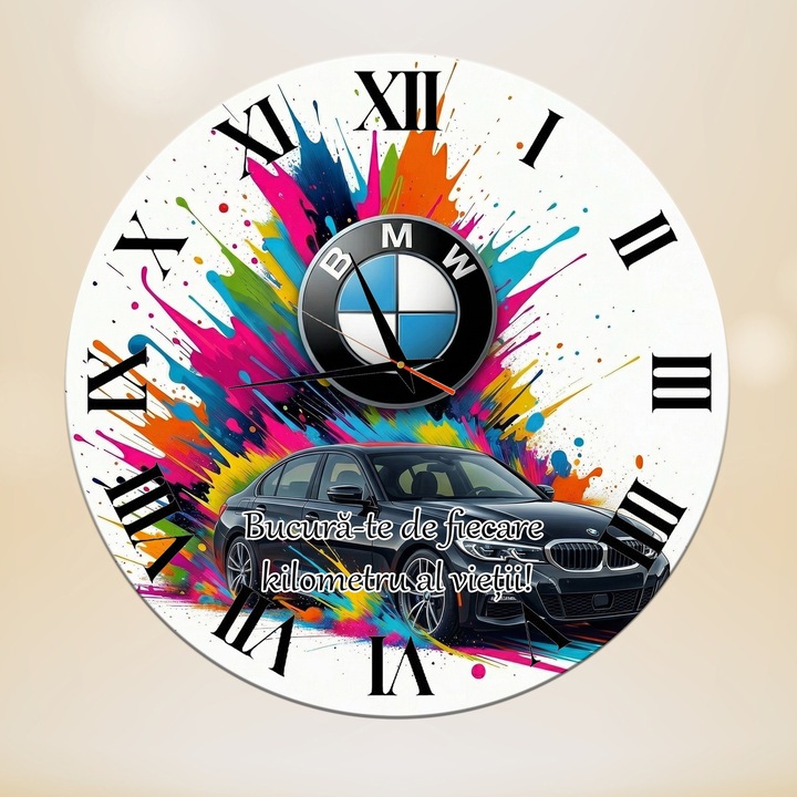 Ceas Personalizat de Perete Decorativ BMW „Bucura-te de fiecare kilometru”, Diametru 35 cm, Mecanism Silentios, Grosime 6 mm, Cutie Cadou Inclusa