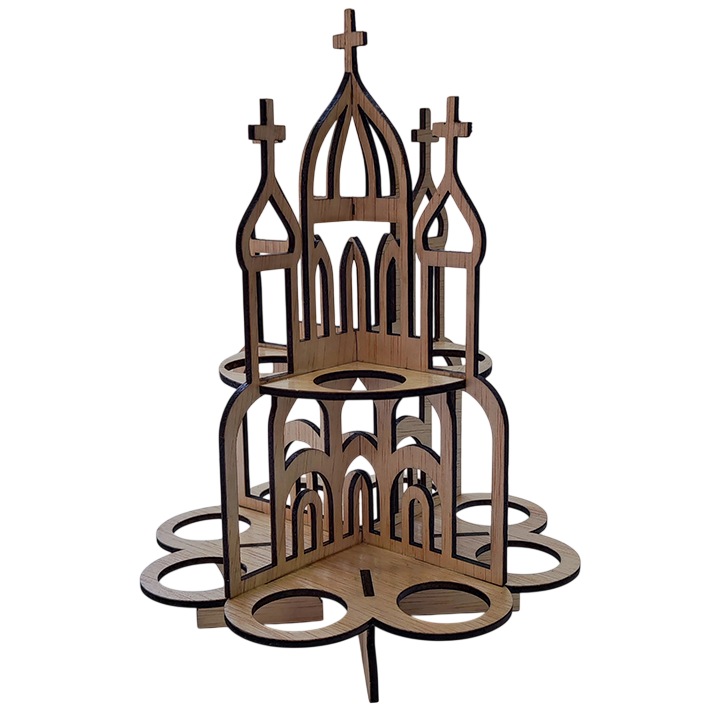 Suport oua Paste din lemn, model biserica, 12 oua, decoratiune masa Paste, cadou Paste handmade, placaj natural, produs romanesc, cadou familie