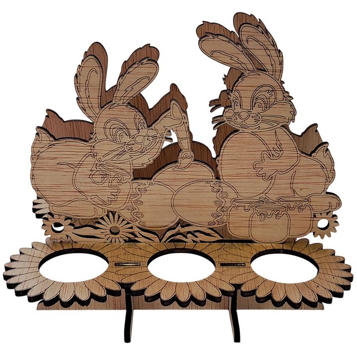 Suport oua Paste din lemn, model iepuras de colorat, 6 oua, activitate copii, cadou Paste handmade, placaj natural, produs romanesc, decoratiune masa Paste, cadou familie