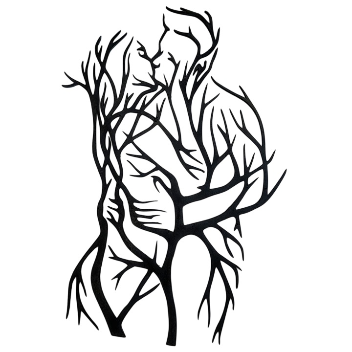 Tablou din lemn decorativ, cuplu indragostit, decor perete romantic, design artistic natural, simbol al iubirii si conexiunii, potrivit pentru living si dormitor, cadou pentru cupluri, zi de nastere, aniversare, Valentine’s Day