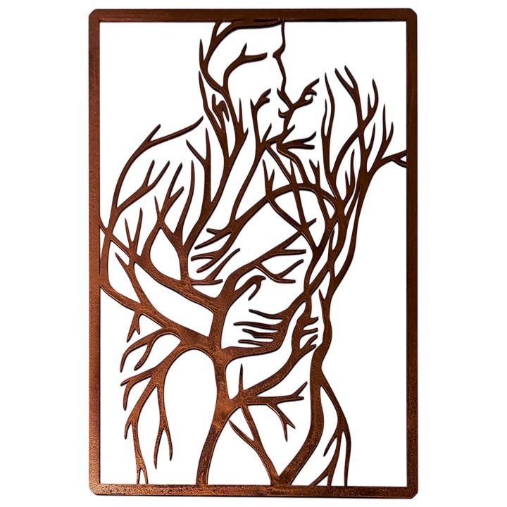 Tablou decorativ din lemn pentru perete, cuplu indragostit model ramuri, design artistic natural, decor romantic pentru living si dormitor, stil modern, cadou pentru cupluri, Valentine’s Day, aniversare, decor interior elegant