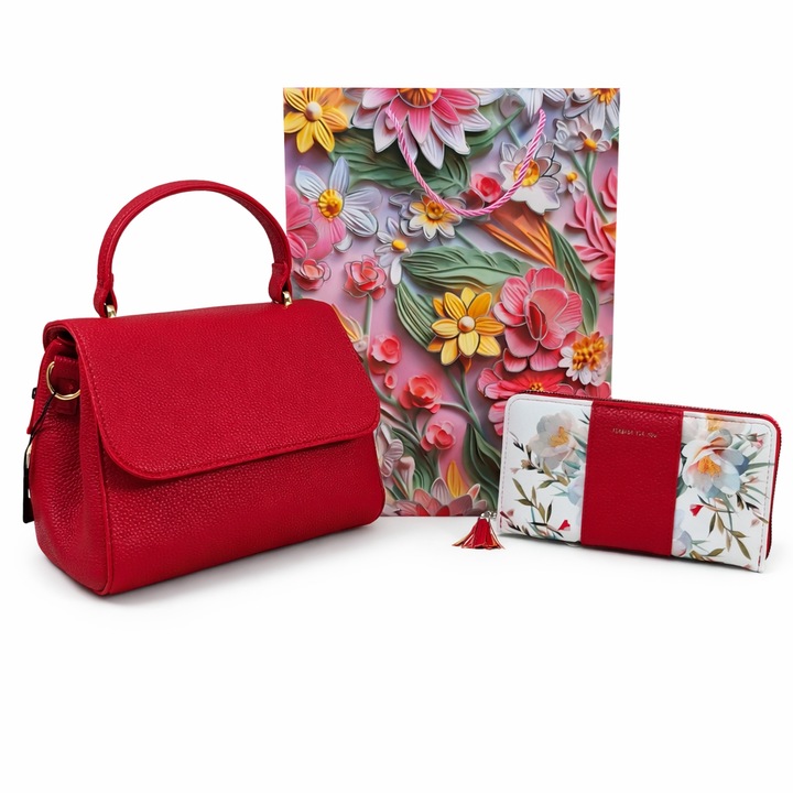 Set cadou elegant pentru femei - geanta rosie cu esarfa + portofel floral + punga cadou