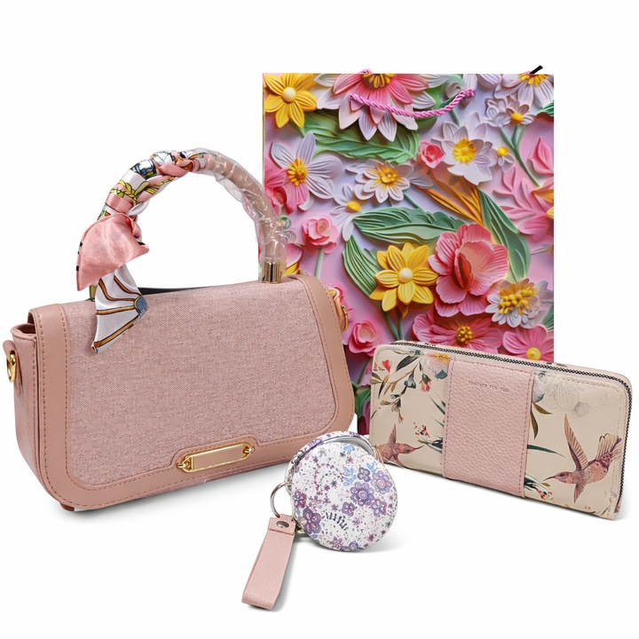 Set cadou elegant pentru femei - geanta cu esarfa dusty pink + portofel multicolor floral + ogllinda de buzunar cu breloc + punga cadou