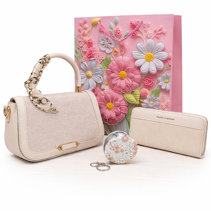 Set cadou elegant pentru femei - geanta bej cu esarfa + portofel bej + oglinda de buzunar cu breloc + punga cadou