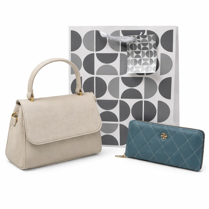 Set cadou elegant pentru femei - geanta gri + portofel verde + punga cadou