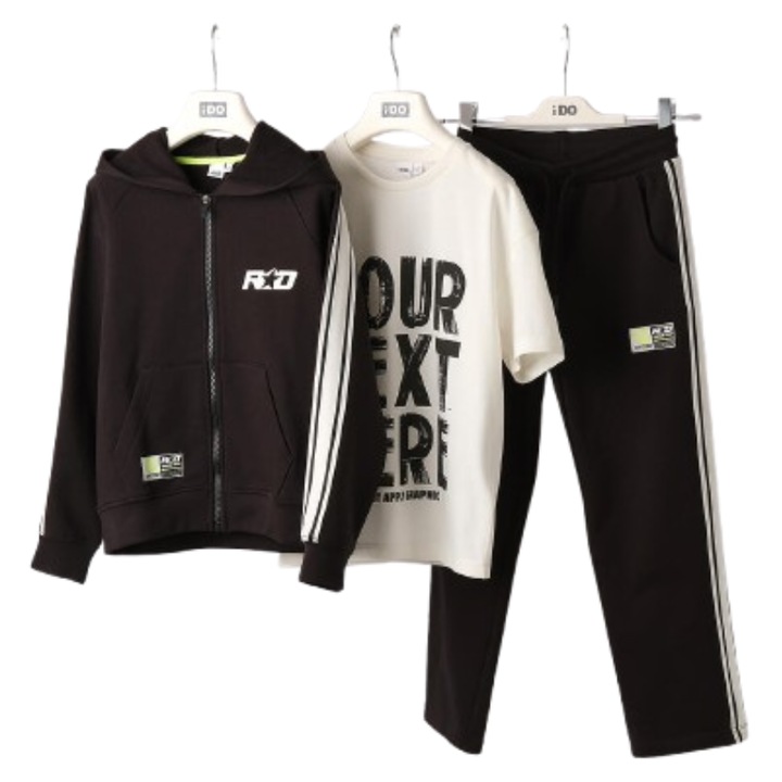Trening baieti iDO 3 piese din bumbac fleece cu tricou imprimat, Negru, Alb