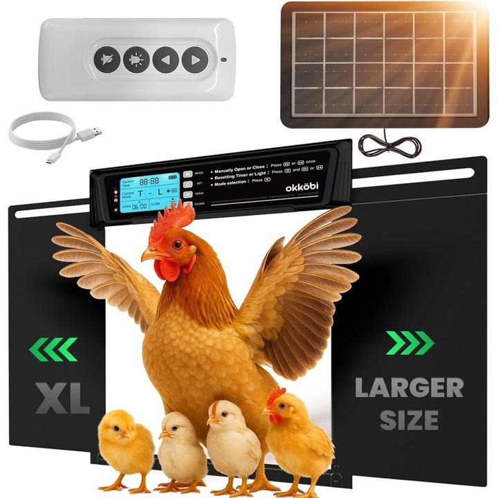 Usa automata inteligenta pentru cotet gaini Okkobi XL, alimentare solara + USB-C, telecomanda, senzor lumina si temporizator, ecran LCD, sistem anti-prindere, deschidere 28, 7x22, 1 cm, rezistenta extreme -20°C/+60°C, negru