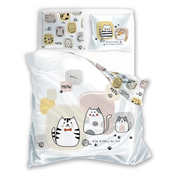 Lenjerie de pat, FARO, 140x200cm, 1x70x90cm, bumbac, model cu pisici