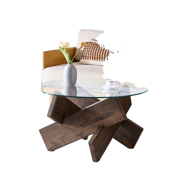 Masa de cafea, MDF si sticla, baza in forma de cruce, transparent - nuc, 79cm diametru, 45cm inaltime