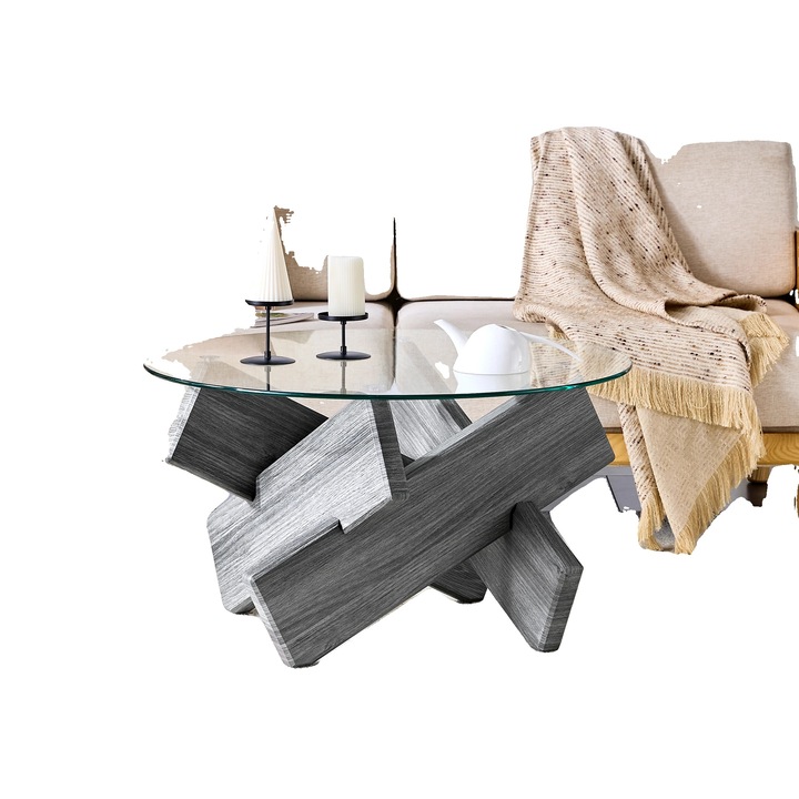 Masa de cafea, MDF si sticla, baza in forma de cruce, gri, 79cm diametru, 45cm inaltime