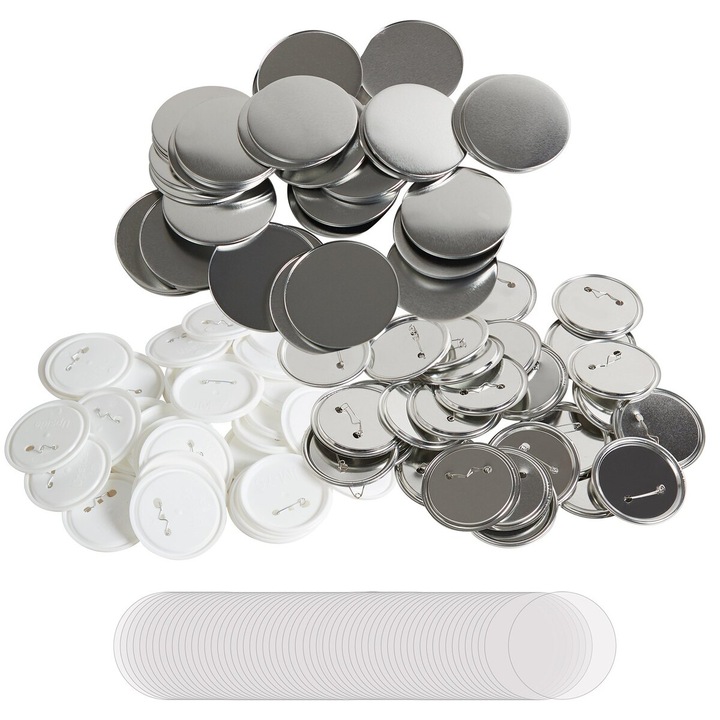 Set 200 Piese Buton Badge 3 inch, VEVOR, Metal si Plastic, Diametru 75mm, Include Film Clar si Hartie Alba