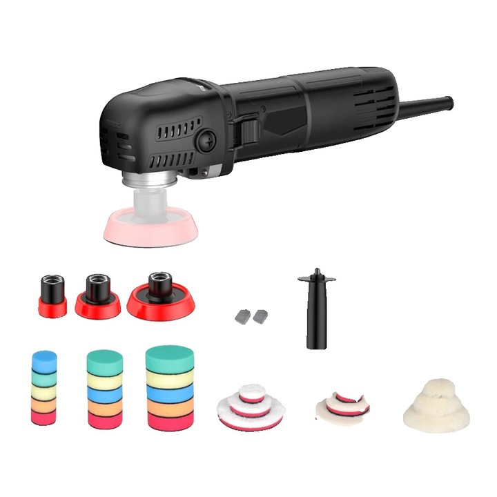 Masina de polisat, 3 inch, viteza mare, negru, set cu 18 pad-uri de polisare