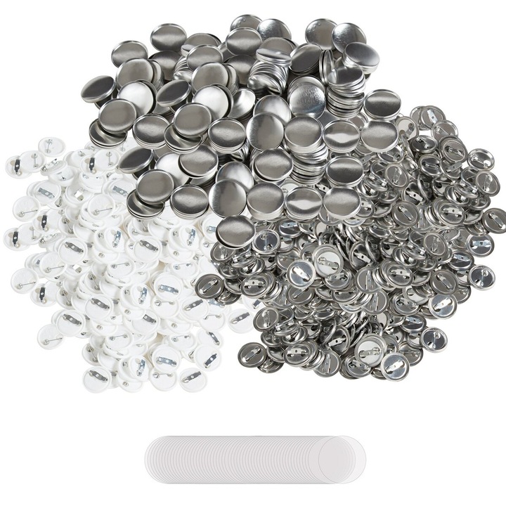 Set 500 Piese Buton Badge 25mm, VEVOR, Metal si Plastic, Diametru 23mm, Include Film Clar si Hartie Alba