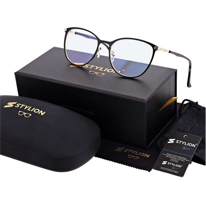 Ochelari de vedere STYLION, model STL277, +2.50, cu filtru Blue Light, negru/auriu, set complet