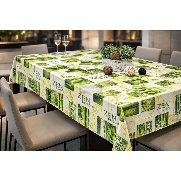 Fata de Masa ANTBRO® Bamboo Zen 140x180cm, Model Verde cu Bambus „ZEN Bambou”, Impermeabila, Rezistenta la Pete, Decor Masa Bucatarie & Living, Stil Natural Relaxant