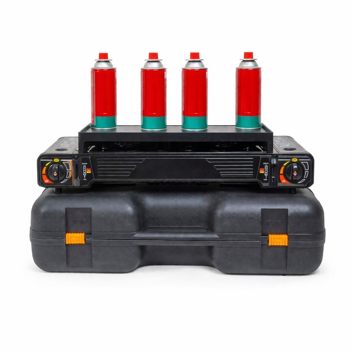 Pachet aragaz camping cu 2 ochiuri, aprindere electrica, putere 2x2.3kw, cu tava gril, spatula, cleste si cutie de transportat + 4 butelii 410ml / ZTS 5620_1