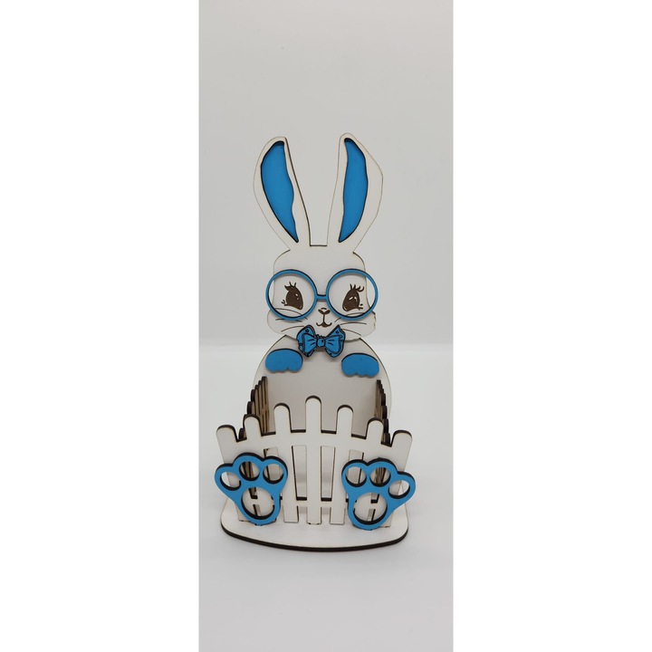 Suport pentru Dulciuri si Accesorii, Model Iepuras cu Ochelari si Fundita, Lemn Pictat, Albastru/Alb, Ideal pentru Cadou sau Decor Paste