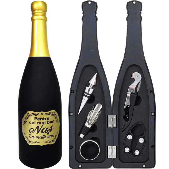 Set Cadou accesorii vin, 6 piese, cutie in forma de sticla, cu mesaj "Pentru cel mai bun Nas"