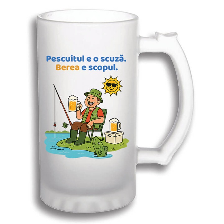 Halba bere 500 ml cu mesaj amuzant pentru pescari „Pescuitul e o scuza, berea e scopul”, cadou barbati