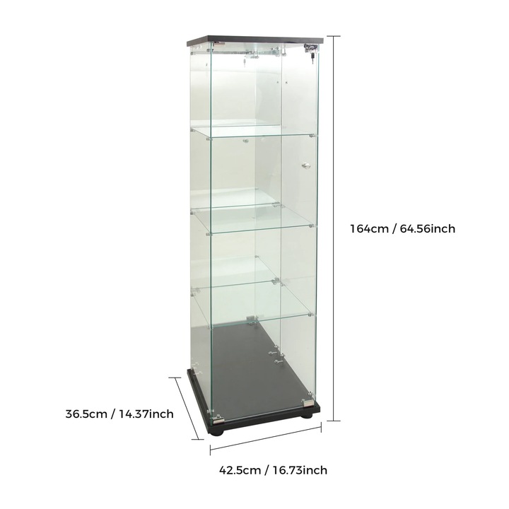 Vitrina din sticla, Dulap de expunere vertical, Iluminare LED, 4 rafturi, Usa din sticla, Pentru colectii, carti, vin, Negru